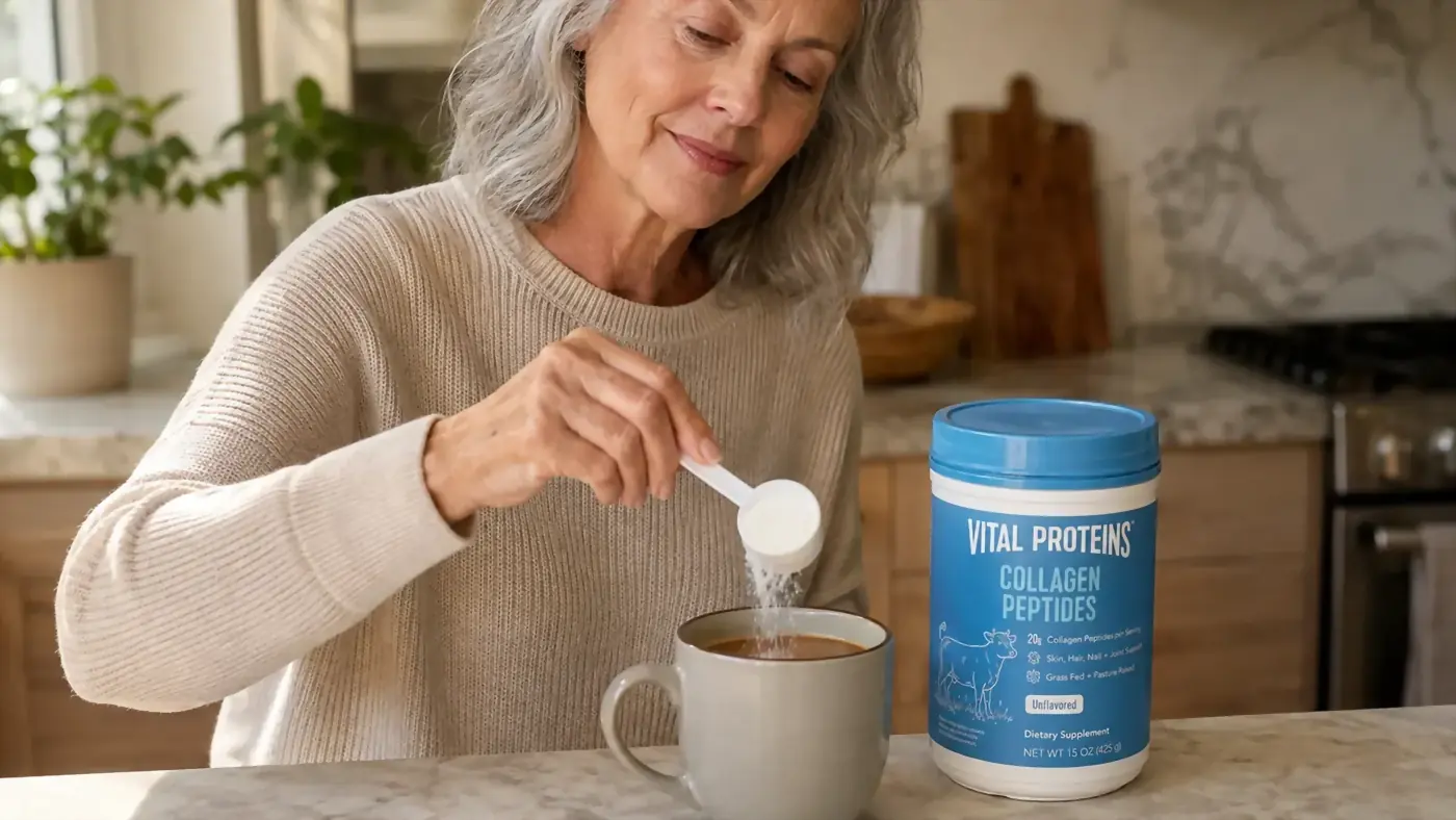 A hand with visibly mature skin scooping Vital Proteins Collagen Peptides powder into a mug of coffee