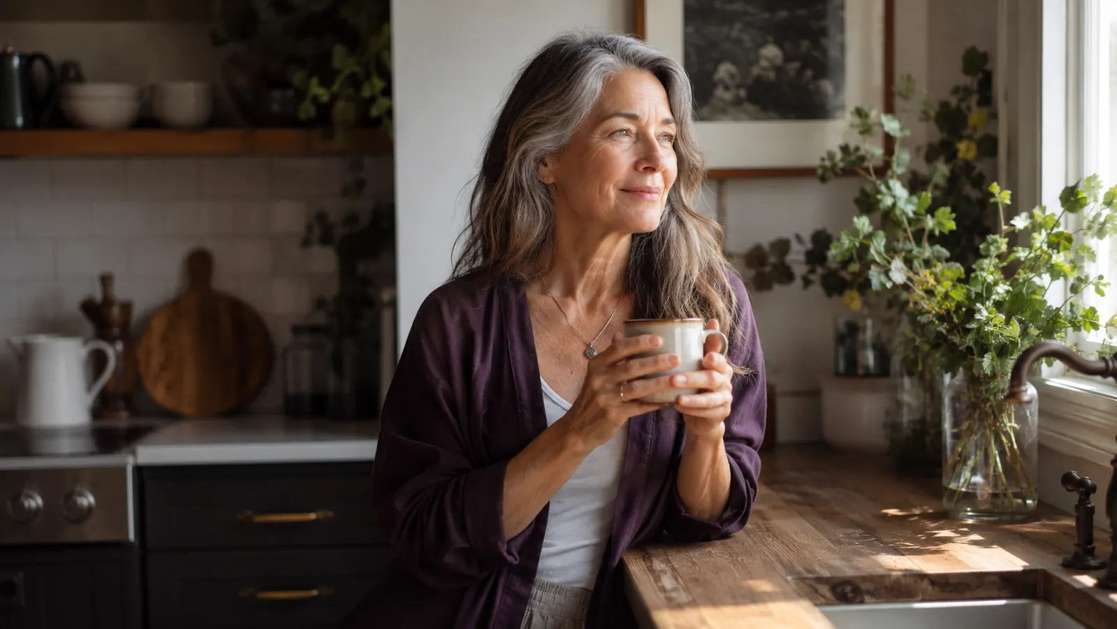 A woman in her sixties standing at a kitchen counter with a mug of coffee in the morning light