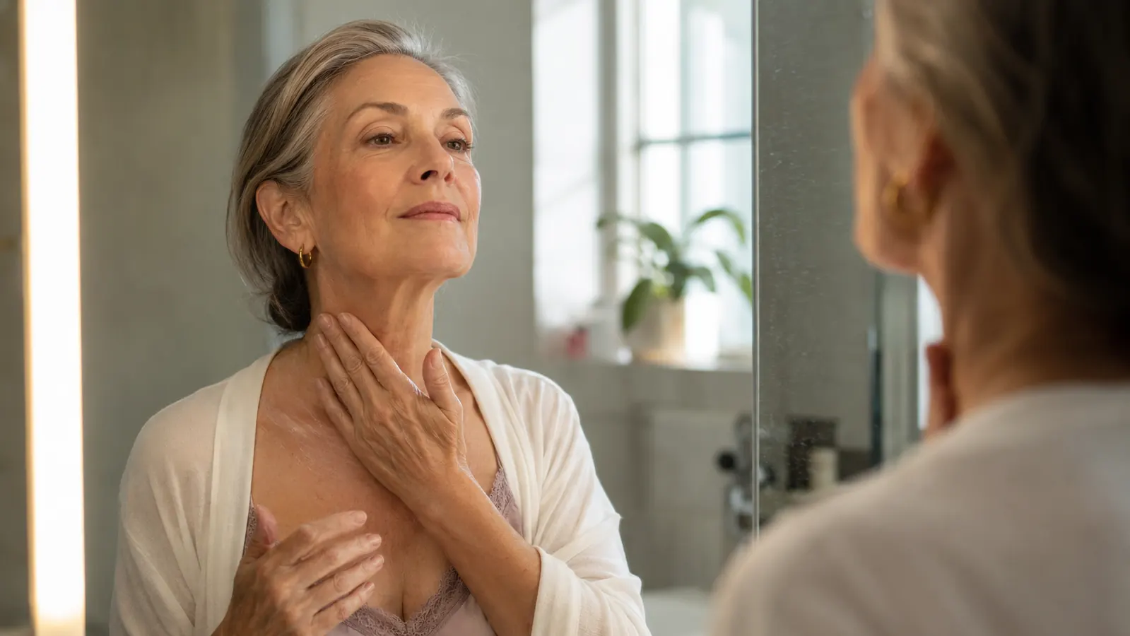 A woman in her sixties applying cream to her neck and upper chest in a bright bathroom mirror