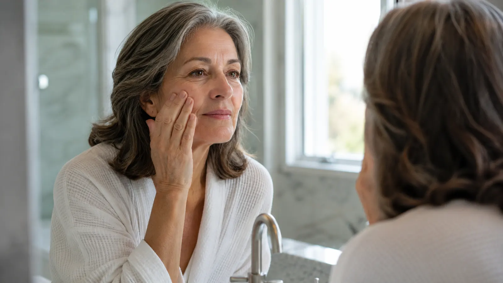 Woman in her early sixties applying serum in front of a bathroom mirror in soft morning light