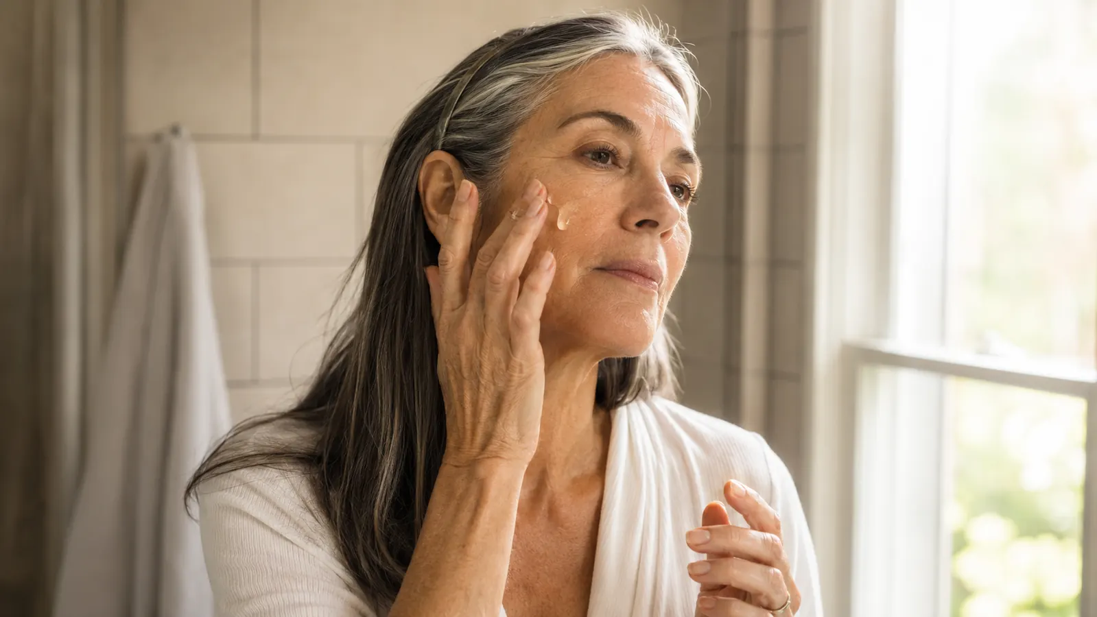 Woman in her sixties standing at a sunlit bathroom mirror applying a few drops of serum to her cheekbone