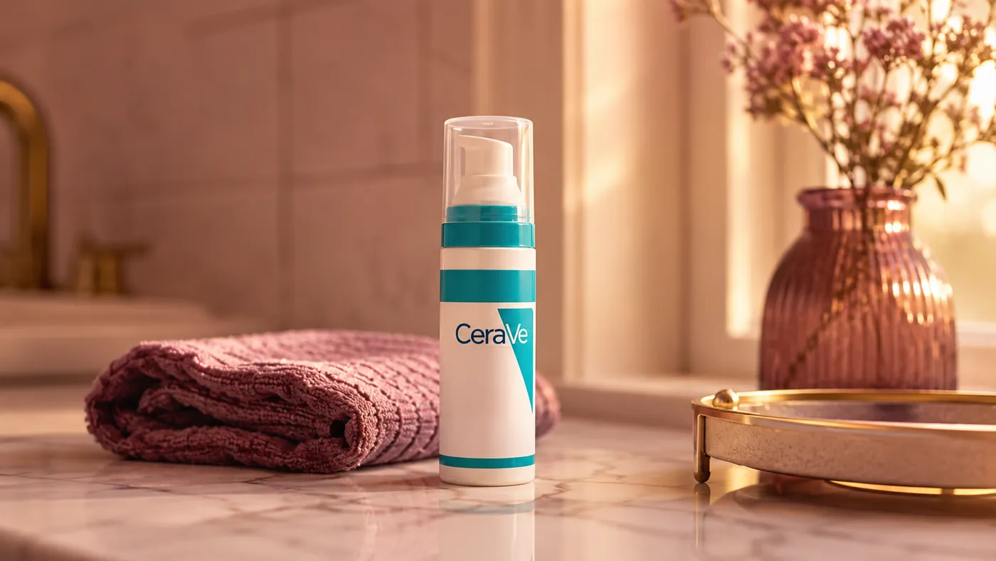 Close-up of a hand with visible age spots dispensing CeraVe Resurfacing Retinol Serum from the pump bottle