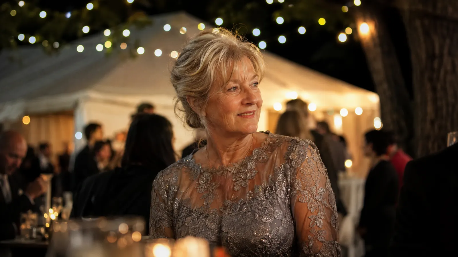 Woman in her sixties standing at an outdoor wedding reception under string lights