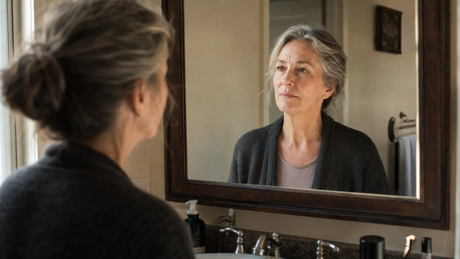 Woman in her sixties looking at her reflection in a softly lit bathroom mirror