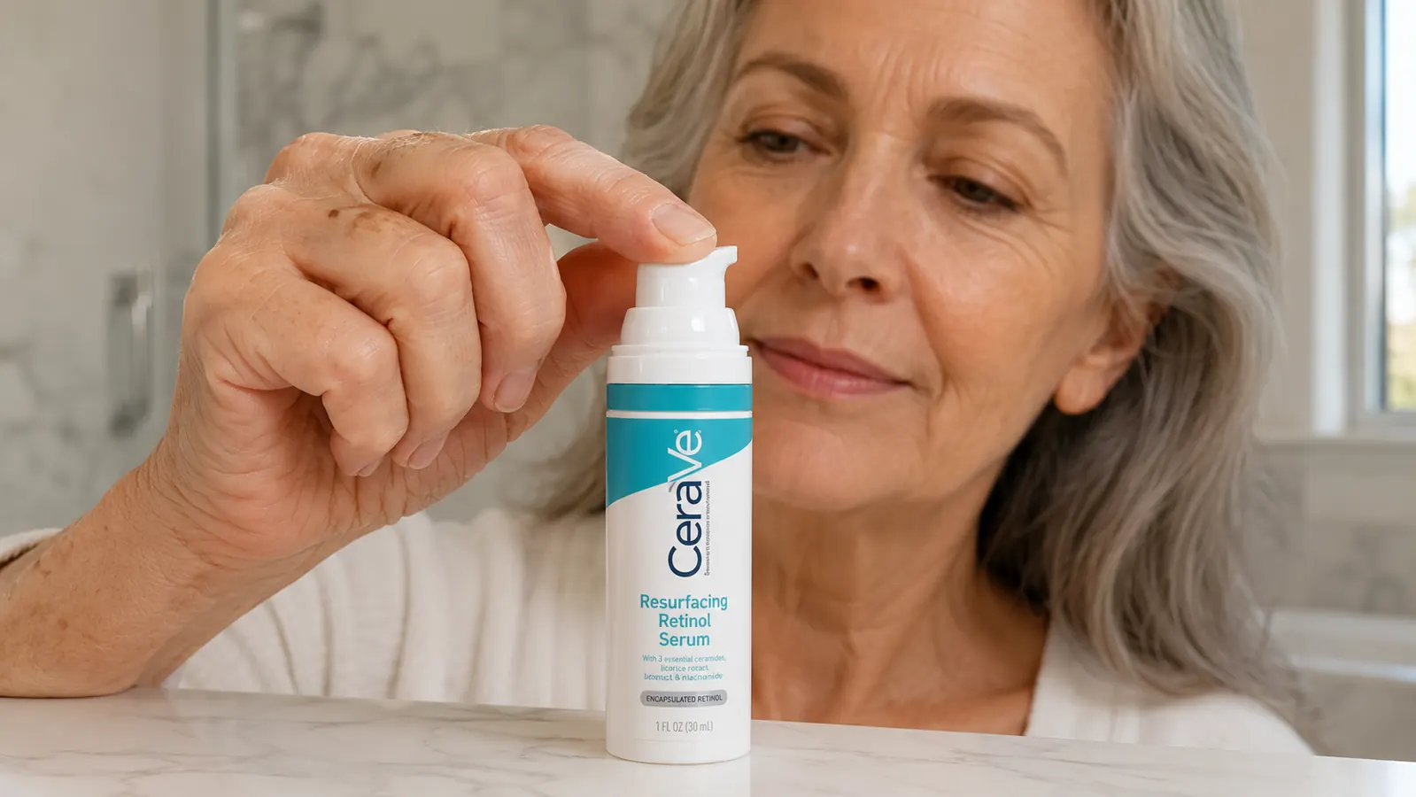 A woman's hand with visible age spots and slightly arthritic knuckles pressing the pump of a CeraVe Resurfacing Retinol Serum bottle onto a fingertip