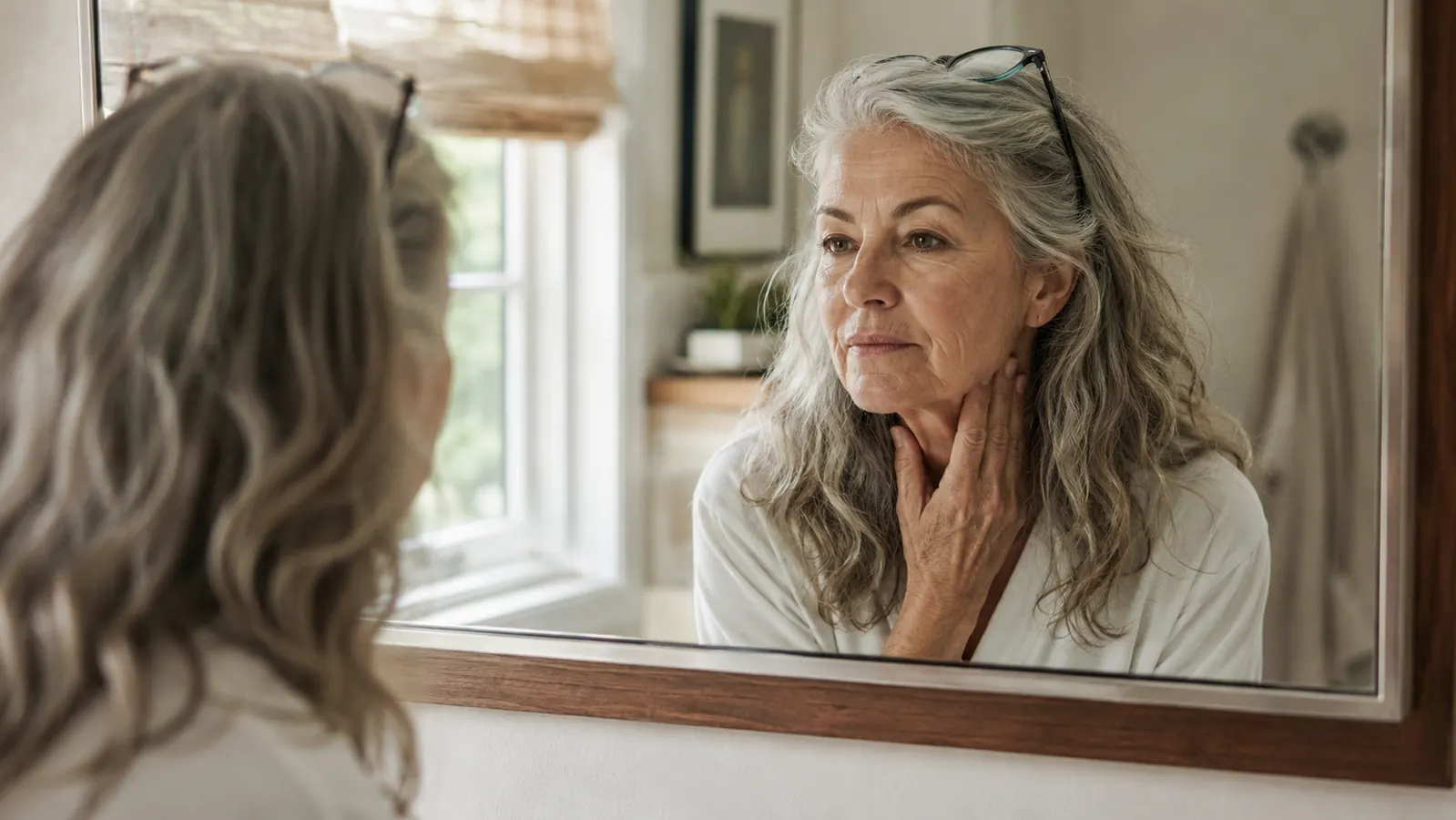 A woman in her early sixties leaning close to a bathroom mirror in soft morning light, examining her skin with a hand towel over her shoulder