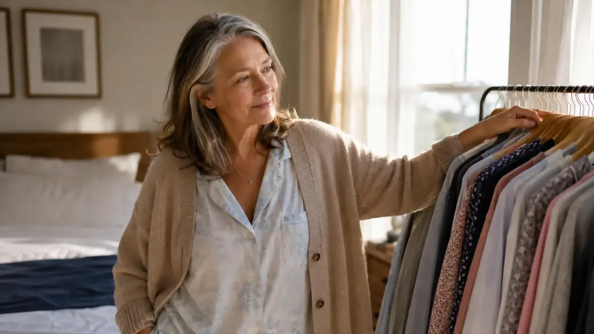 Woman in her early sixties standing in front of an open closet, considering a v-neck top