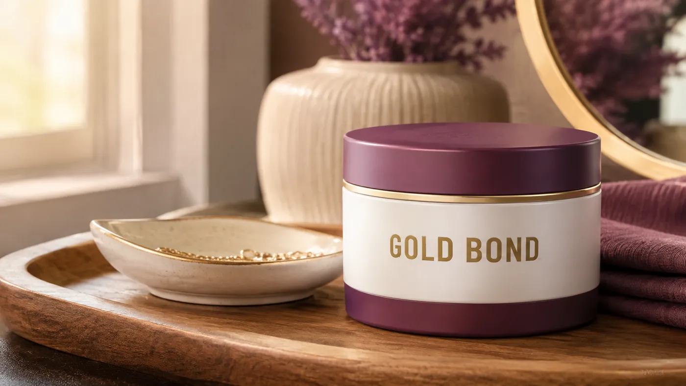 A woman's hand applying Gold Bond Age Renew Neck and Chest Firming Cream to her collarbone next to the labeled jar