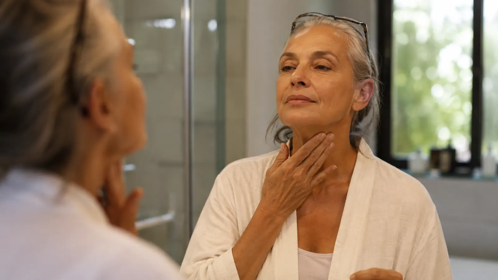 A woman in her sixties standing at a bathroom mirror in soft morning light, applying cream to her neck with two fingers