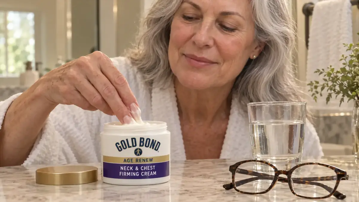 Close-up of a woman's hand dipping two fingers into an open jar of Gold Bond Age Renew Neck and Chest Firming Cream on a bathroom counter, reading glasses nearby.