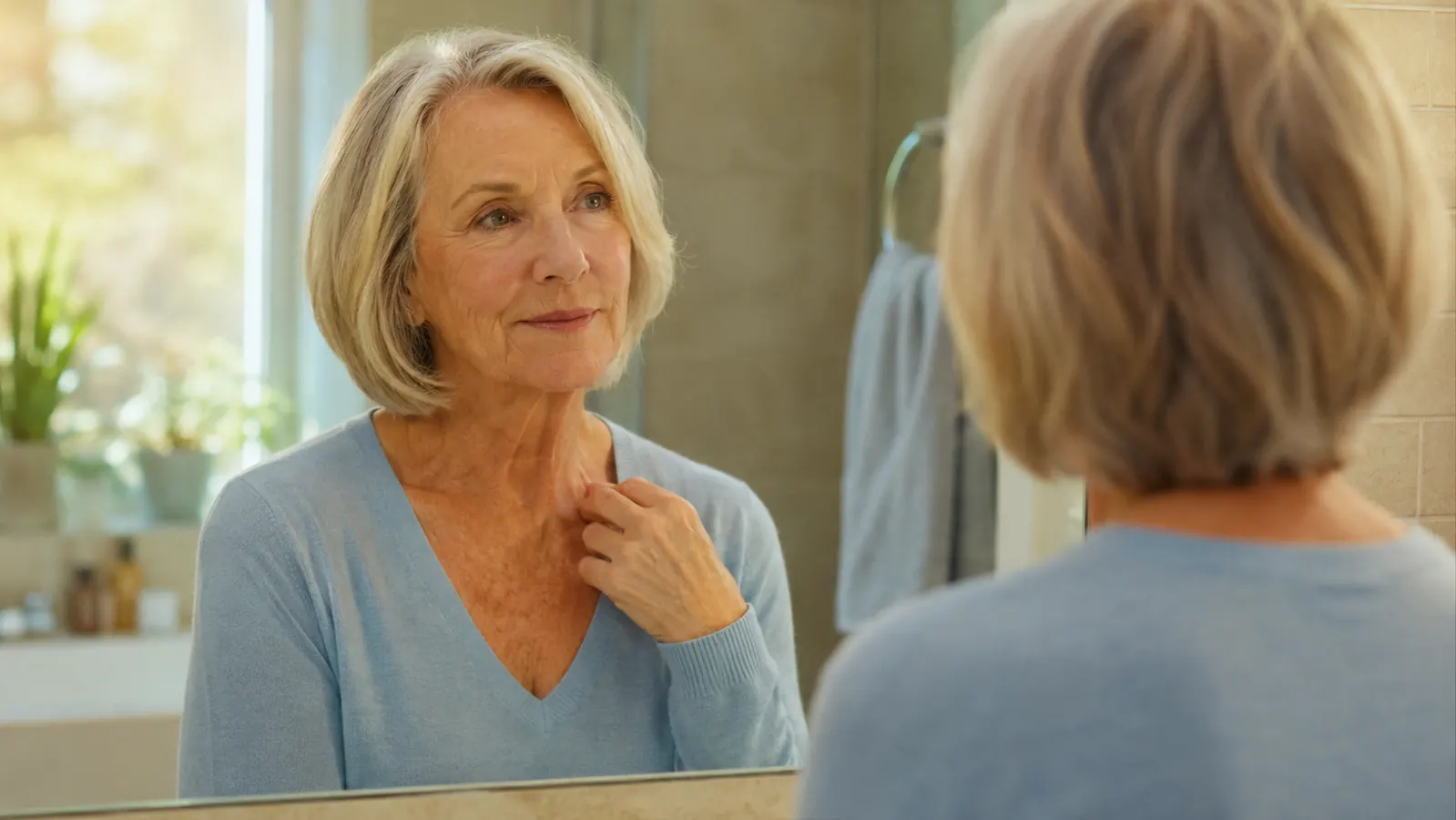 A woman in her early sixties with a silver-blonde bob wears a soft blue v-neck sweater and looks thoughtfully at her reflection in a bathroom mirror, morning light, hand resting near her collarbone.