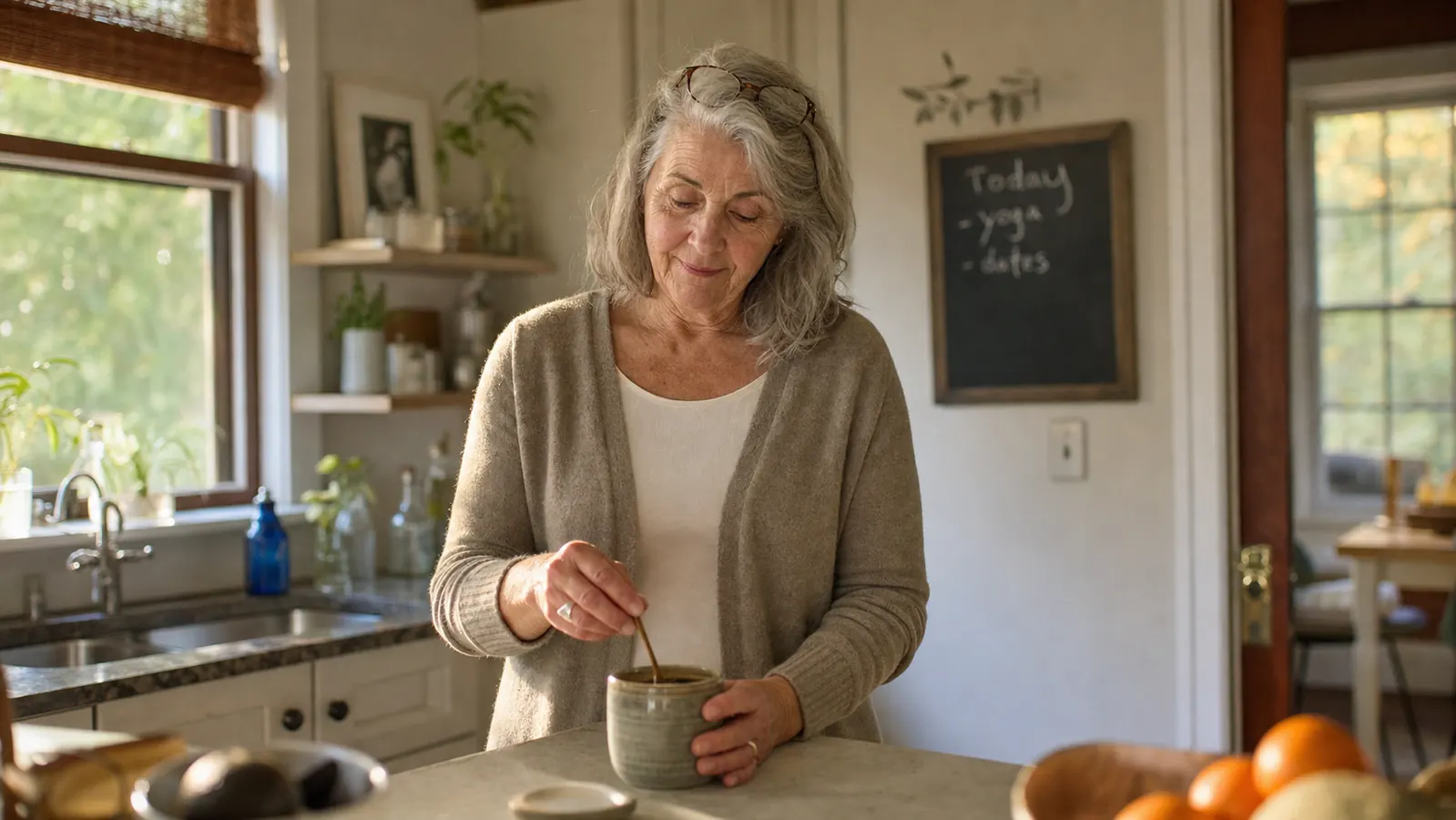 A woman in her sixties standing at a kitchen counter in soft morning light, stirring a mug of coffee with a jar of collagen peptides nearby
