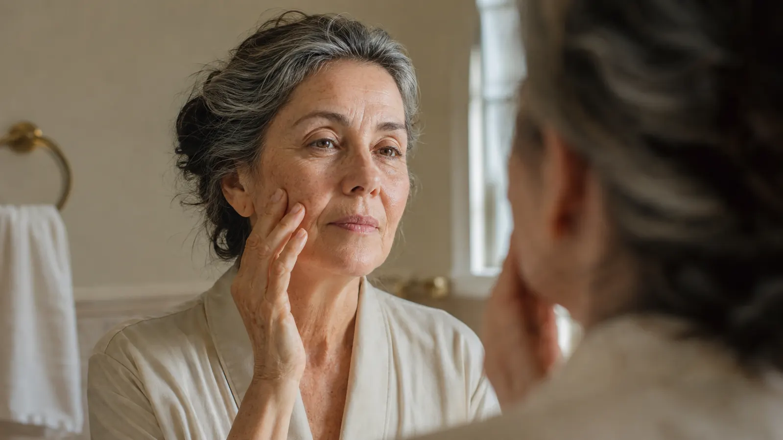 Woman in her early sixties examining an age spot on her cheek in a softly lit bathroom mirror