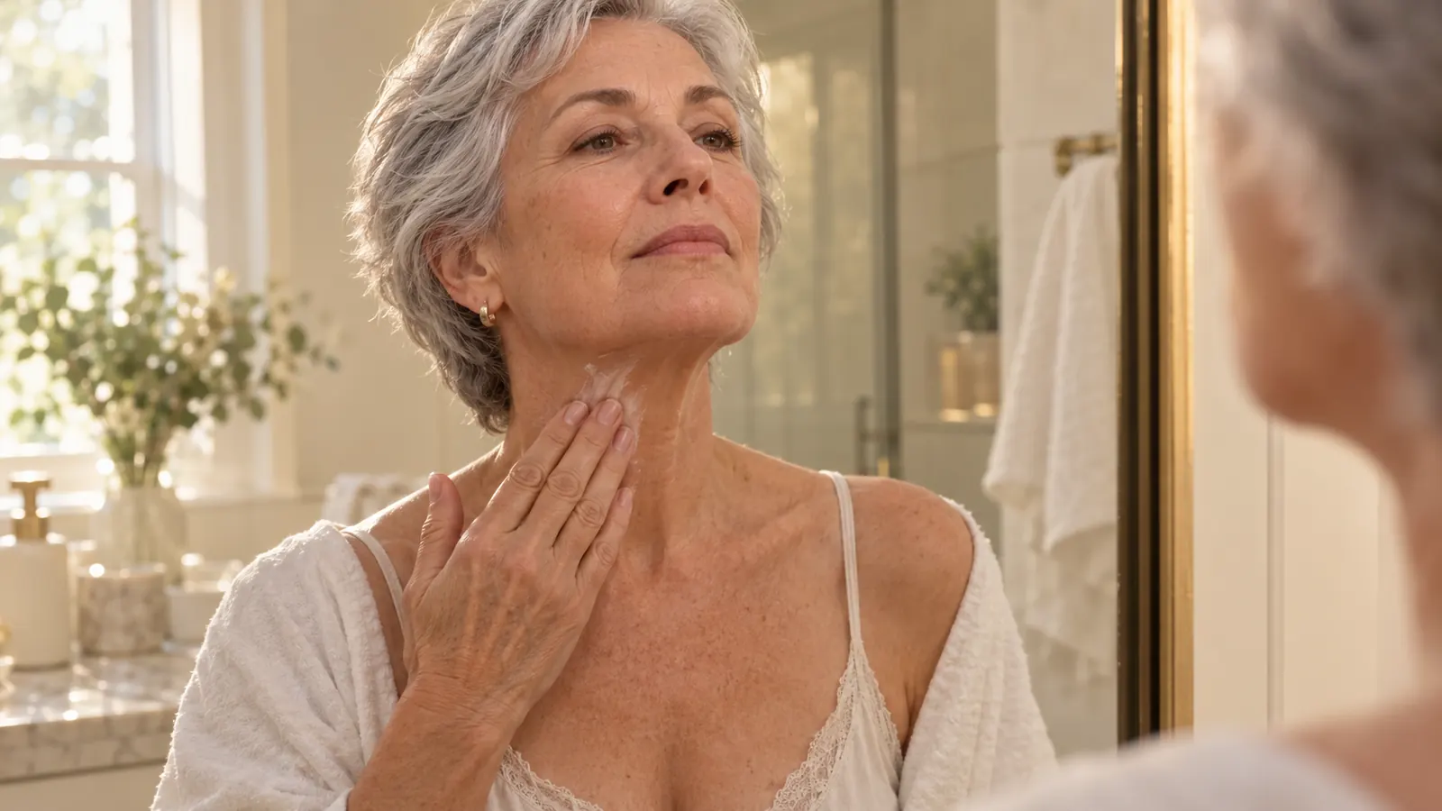 A woman in her early sixties stands at a bathroom mirror in soft morning light, applying cream to her neck with her chin lifted slightly
