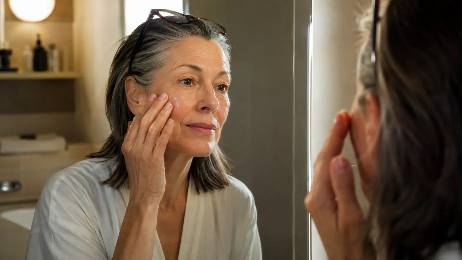 Woman in her sixties applying a nighttime serum at a softly lit bathroom mirror