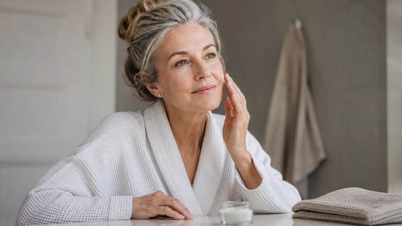 Woman in her sixties standing at an uncluttered bathroom counter in soft morning light, one jar of moisturizer visible beside the sink