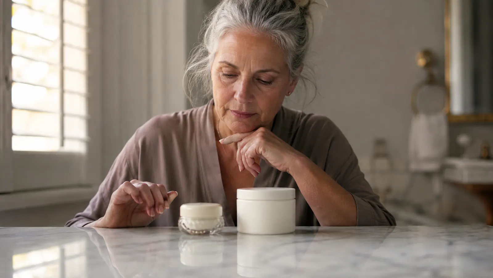 Two skincare jars side by side on a marble bathroom counter in morning light