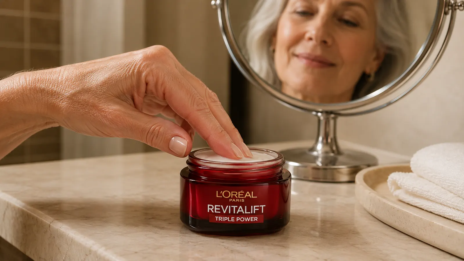 A hand with visible age spots dipping into an open jar of L'Oreal Paris Revitalift Triple Power moisturizer beside a magnifying mirror