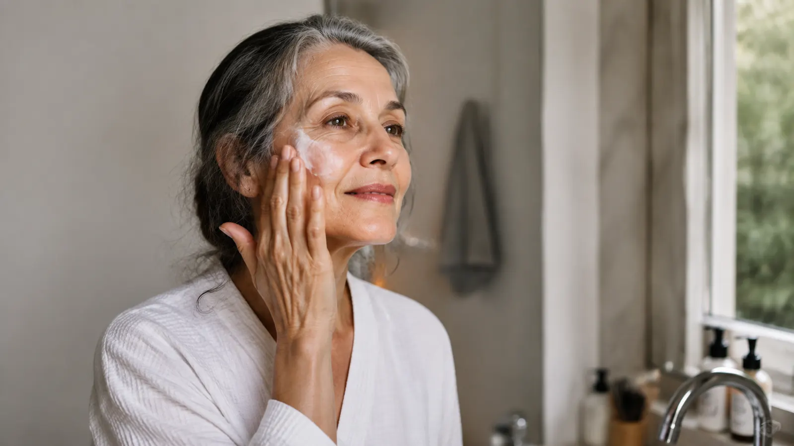 A woman in her early sixties with dry, sun-marked skin applying moisturizer in soft morning bathroom light