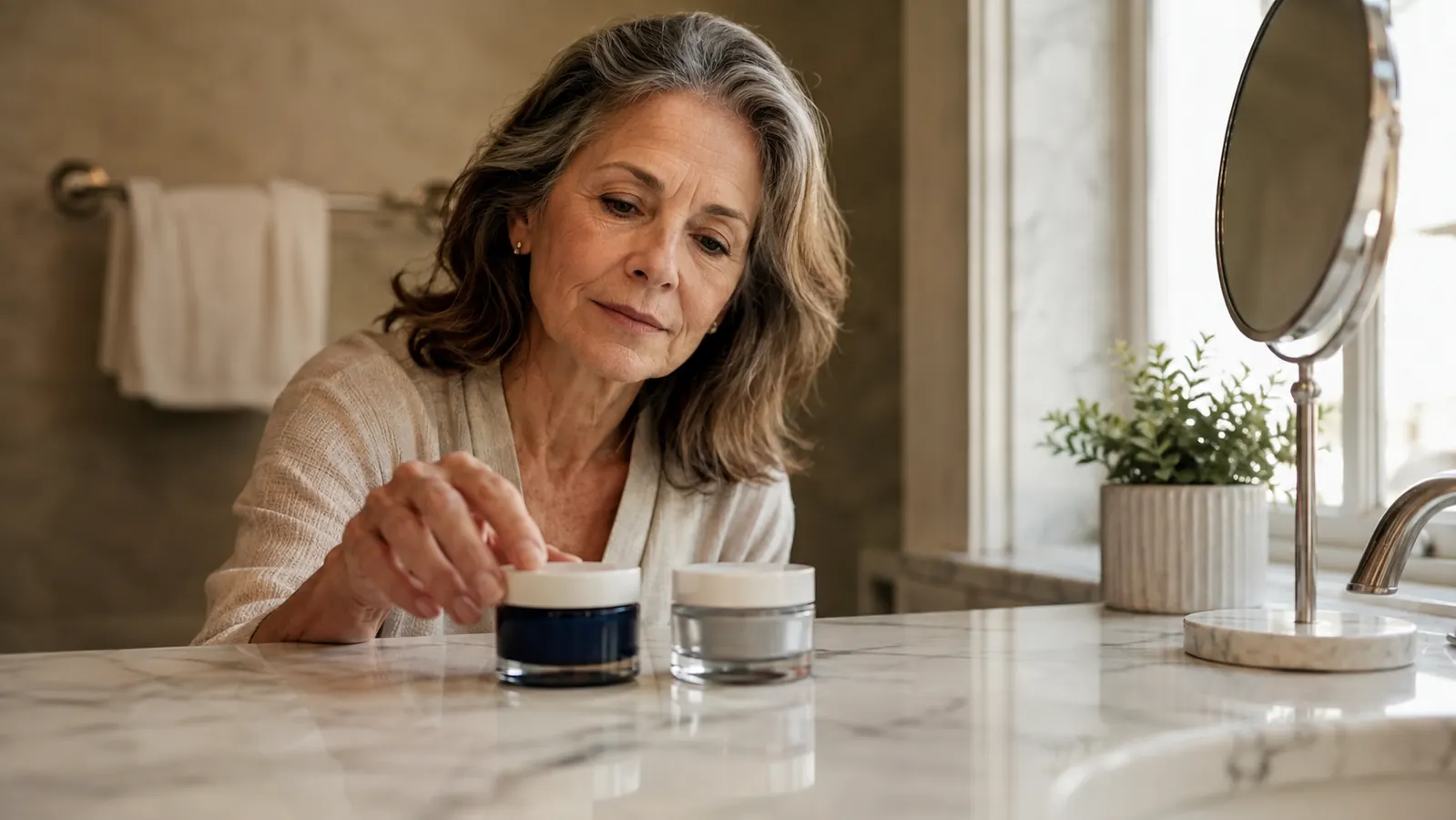 Two anti-aging moisturizer jars, L'Oreal Revitalift Triple Power and a generic drugstore competitor jar, sitting side by side on a bathroom counter with morning light