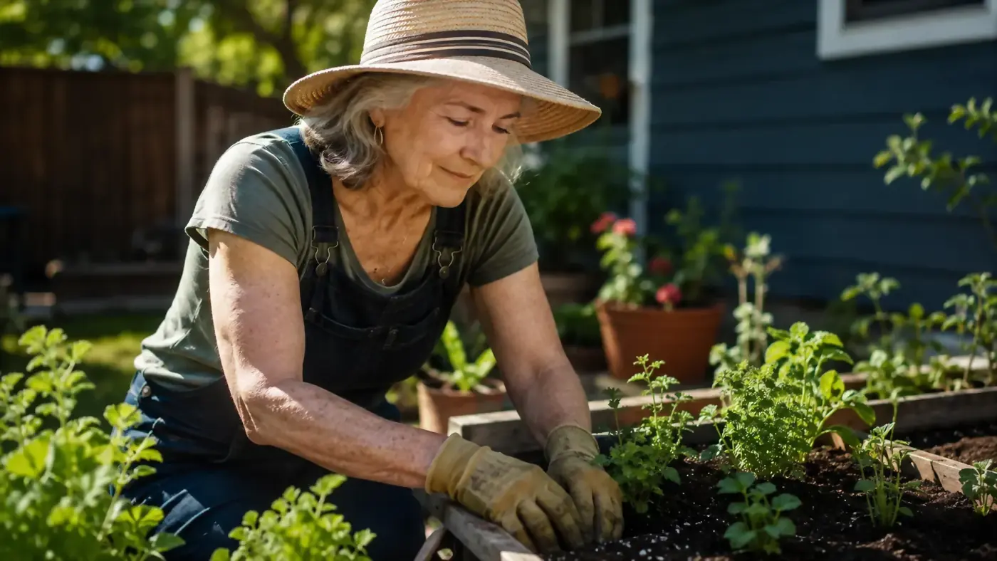 A woman in her sixties gardening in a wide-brimmed sun hat, gloves on, tending a raised flower bed