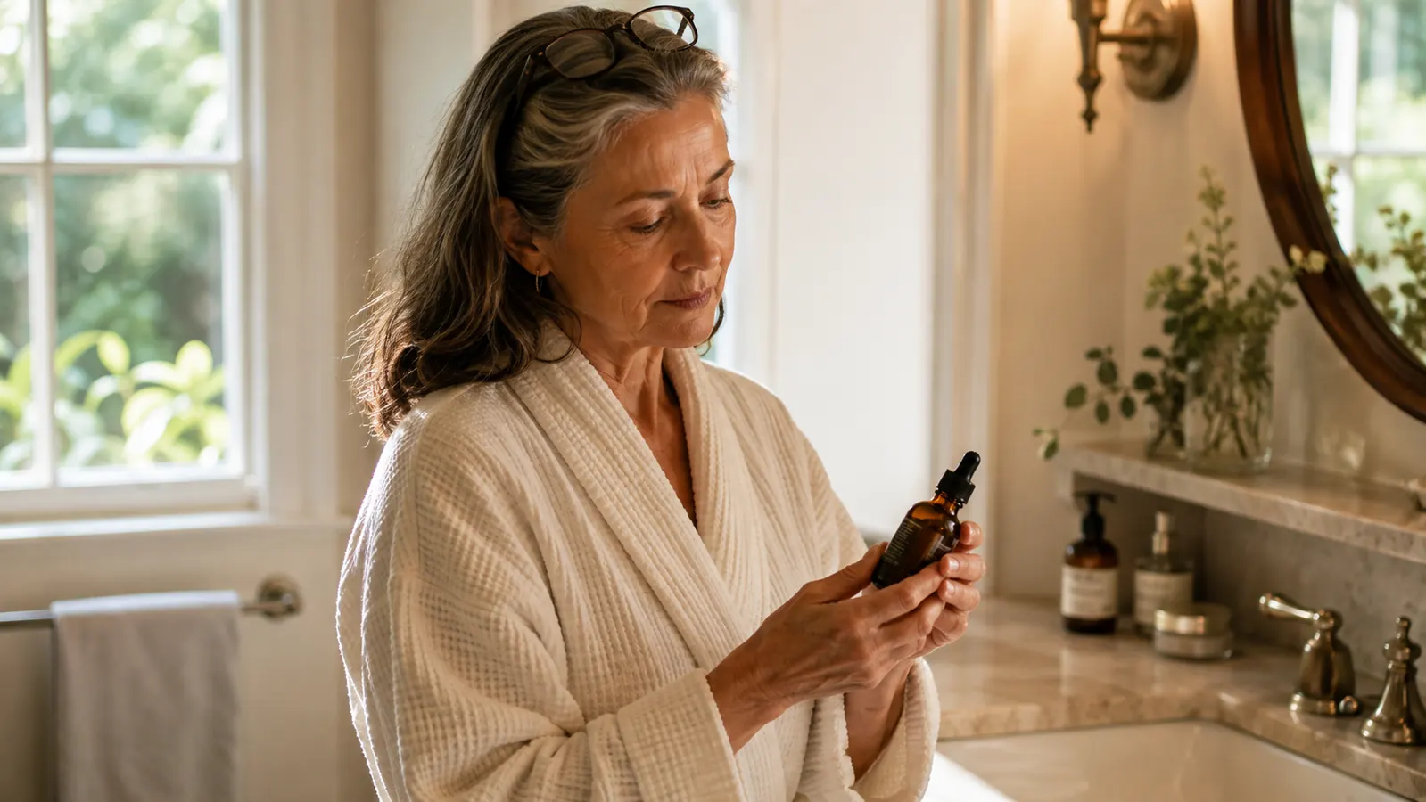 A woman in her sixties standing at a sunlit bathroom counter, holding an amber vitamin C serum bottle before her morning routine