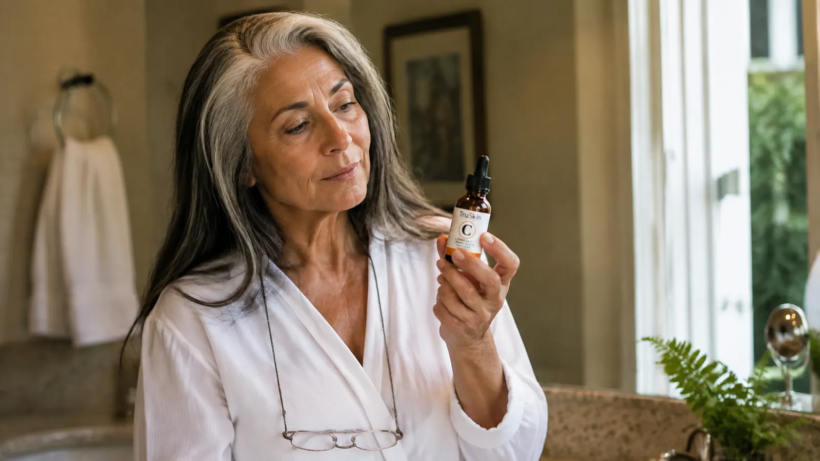 A woman in her sixties at a sunlit bathroom counter holding a TruSkin vitamin C serum bottle, weighing a decision