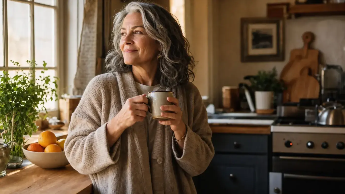 A woman in her early sixties standing at a kitchen counter in soft morning light, holding a mug of coffee