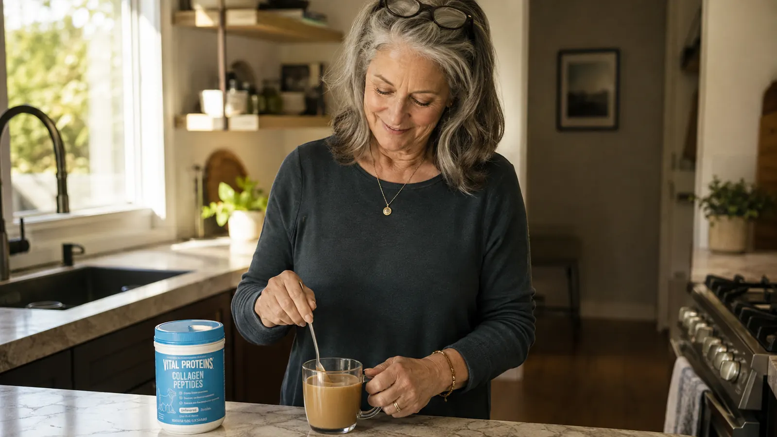 Woman in her sixties at a kitchen counter stirring a mug of coffee with a canister of Vital Proteins Collagen Peptides nearby