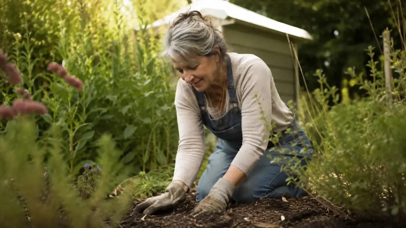 A woman in her sixties kneeling in a garden bed, gloved hands in the soil, mid-morning light