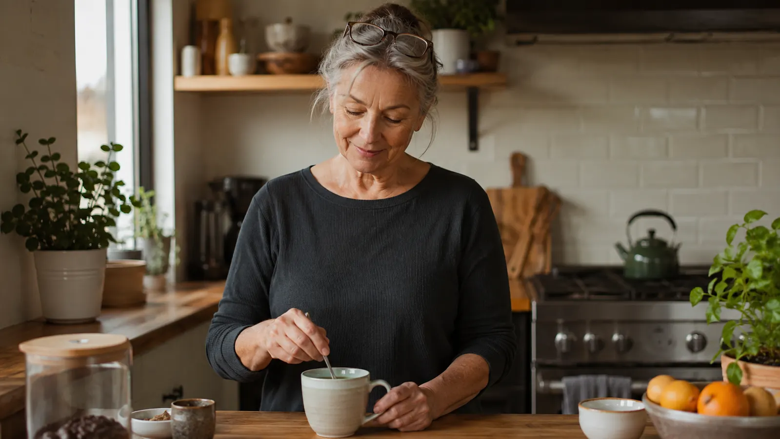A woman in her early sixties stirring a powder into a mug of coffee at a sunlit kitchen counter