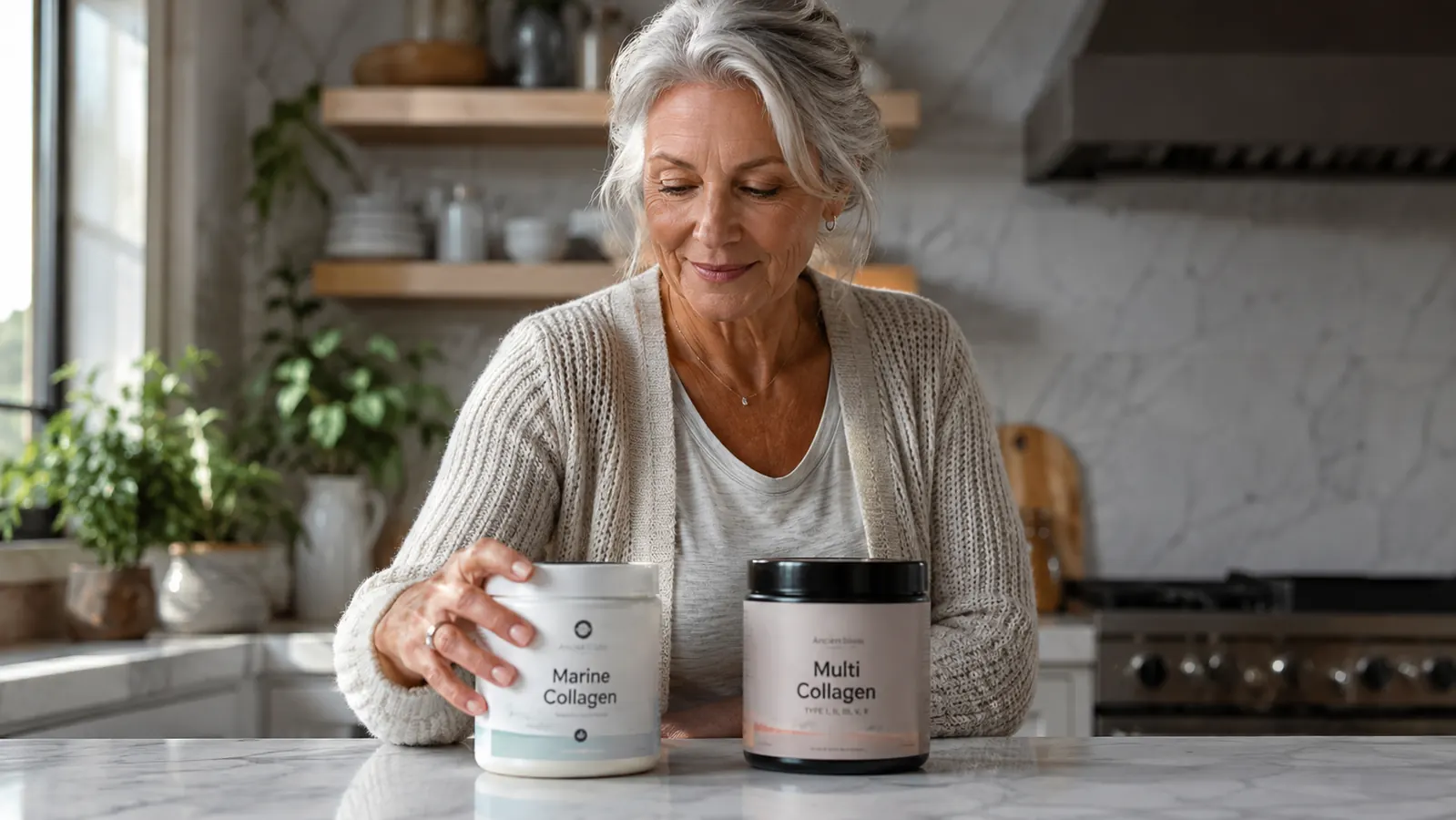 Two collagen powder jars side by side on a kitchen counter as a woman in her sixties reaches for one